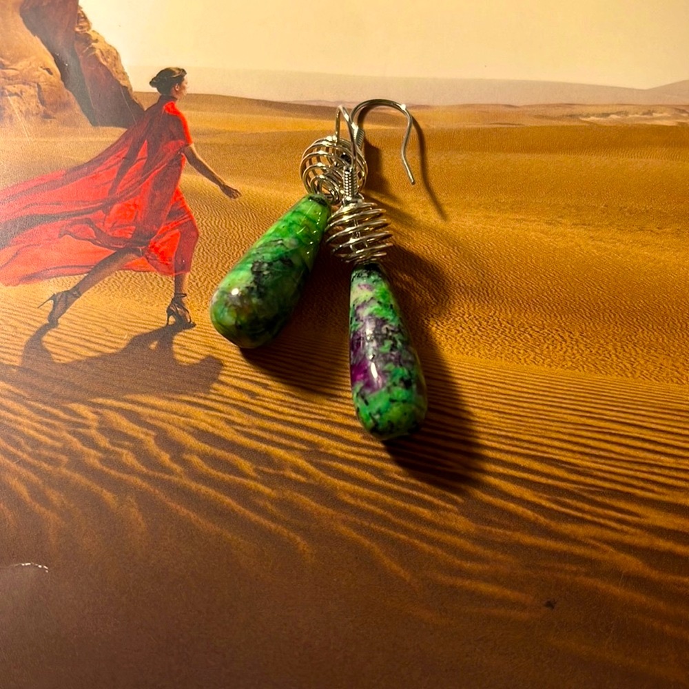 Rhodium Plated Ruby Zoisite Drop Earrings